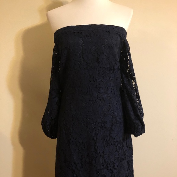 NWOT Trina Turk Dark Blue Lace Off Shoulder Dress - Picture 11 of 14
